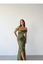 Khaki Boat Neck Slit Long Satin Evening Dress - 3