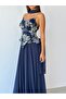 Navy Blue Strapless Embroidered Bustier Detailed Long Evening Dress - 5