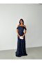 Navy blue lace-trimmed, underwire-enhanced, off-the-shoulder long evening gown - 2