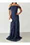 Navy blue lace-trimmed, underwire-enhanced, off-the-shoulder long evening gown - 6