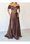 Brown Sweetheart Neckline Off Shoulder Underwire Long Satin Evening Dress - 3