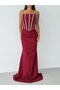 Burgundy Strapless Stone Embellished Draped Underwire Long Evening Dress - 6