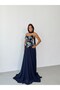 Navy Blue Strapless Embroidered Bustier Detailed Long Evening Dress - 3