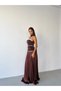 Brown Strapless Crystal Stone Embellished Draped Shawl Detailed Long Evening Dress - 3