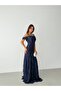 Navy blue lace-trimmed, underwire-enhanced, off-the-shoulder long evening gown - 3