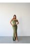 Khaki Boat Neck Slit Long Satin Evening Dress - 2