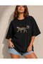Women's Leopard Tail Ribbon Printed Oversize T-Shirt Unisex 80% Cotton Boxy Fit Streetwear T-Shirt Thick Textured