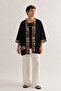 Ethnic Pattern Detailed Black Kimono with Pockets & Bohemian Style - 5