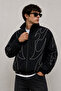 Men's Black Bsk Model Oversize Patterned Bomber Contrast Jacket - 3