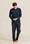 Men's Navy Blue Long Sleeve Buttoned Collar Pajama Set (with Socks as a Gift) - 8