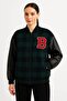 Green Plaid Patterned Winter Cold-Resistant Oversized Bomber College Jacket with Leather Detail on the Sleeves and Lining
