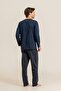 Men's Navy Blue Long Sleeve Buttoned Collar Pajama Set (with Socks as a Gift) - 3