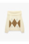 Off-The-Shoulder Long Sleeve Knitwear Diamond Patterned Sweater
