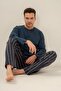 Men's Long Sleeve Buttoned Collar Dark Indigo Pajama Set (with Socks as a Gift) - 5