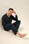 Men's Navy Blue Long Sleeve Patterned Shirt Pajama Set (with Socks as a Gift) - 6