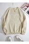 3 İplik Beauty Striped Heart Winter Thick Sweatshirt - Beige Printed Oversize Ruffled Crew Neck