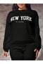 New York Reality Winter Sweatshirt - Black Printed Oversize Raised Crew Neck