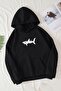 3 İplik Shark Thick Winter Sweatshirt - Black Printed Oversize Hoodie with Raised Pockets