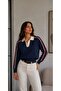 Women's Navy Blue Oversize Knit Sweater - Soft Textured Polo Collar