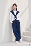 Navy Blue Girls' Sweatshirt with Shoulder Tie Detail and Wide Leg Pants 2-Piece Set 24759