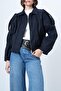 Women's Oversize Epaulet Bomber Navy Blue Leather Suede Jacket - 6