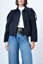 Women's Oversize Epaulet Bomber Navy Blue Leather Suede Jacket - 3