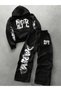 Unisex Women's Men's Graffiti 777 Lettering Printed Oversize 3 Thread Hooded Hoodie and Baggy Sweatpants