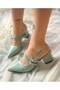 Veroni̇ka Green Patent Leather 2-Strap Short Heel Sandals