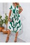 Women's Green Patterned Belted Shirt Collar Short Sleeve Midi Length Casual Dress