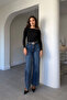 Pre-Washed Wide Leg Jeans - Dark Blue - 7