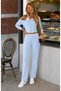Women's 3-Piece Set Oversized Boat Neck Long Sleeve Blouse, Halter Neck Tank Top and Elastic Waist Wide Leg Pants Set - 3