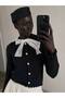 Women's Lace Bow Detailed Pearl Buttoned Ruffle Trim Knitwear Cardigan 26116