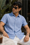 Men's Slim Fit Solid Short-Sleeve Linen Shirt - Sky Blue - 4