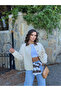 Ecru Buttoned Velvet Collar Denim Jacket - 5