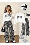 New York Printed Top White Sweat Bottom Wide Leg Straps Black Leopard Set