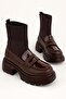 Women's Brown Leather Knitwear Detailed High-Sole Boots