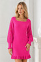 Women's U-Neck Long Sleeve Lace Detailed Skirt with Ruffles Bodycon Stretchy Fuchsia Knitwear Tunic Dress - 6