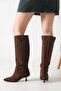 Women's Brown Suede Pointed Toe Thin Heeled Western Style Non-Zipper Below-Knee Boots - Comfortable Use - 4