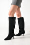 Women's Black Suede Pointed Toe Thin Heeled Western Style Non-Zipper Below-Knee Boots - Comfortable to Wear - 4