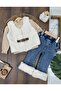 Plush Vest, Lined Leather Belt, Detailed Long Sleeve Badi Lycra Jeans, Fur Detailed 3-Piece Combination Baby Girl Set