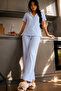 Women's Elegant Collared Textured Spacious Blue Pajama Set