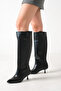Women's Black Matte Patent Leather Pointed Toe Thin Heeled Western Style Non-Zipper Below-Knee Boots - Comfortable to Wear - 2