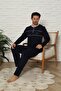 Long Sleeve Buttoned Collar Navy Blue Color Men's Pajama Set