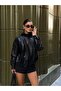 High Collar Textured Oversize Leather Jacket - 4