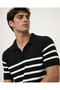 Sifu Men's Black Ecru Striped Polo Collar Short Sleeve Thin Knitwear Summer Sweater Comfortable Fit - 2