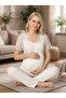 New Season Ecru Buttoned Design with Breastfeeding Feature, Short Sleeve Lace Detailed Maternity Pajama Set - 6