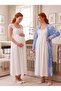 New Season Ecru Blue Summer Patterned Lace Detailed Special Design Breastfeeding Feature 100% Cotton Maternity Nightgown Set - 7
