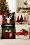 Christmas Themed Digital Printed Throw Pillow Cover – Featuring Deer, Pine Tree, Gloves, and Red Truck Pattern – (Double-Sided)