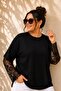 Women's Plus Size Long Sleeve Inner Lace Detail Wide Collar Side Slit Stretchy Viscose Blouse - 4