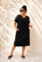 Women's Black Plus Size V-Neck Shoulder Geometric Laser Cut Pocket Side Slit Stretchy Viscose Midi Dress - 4